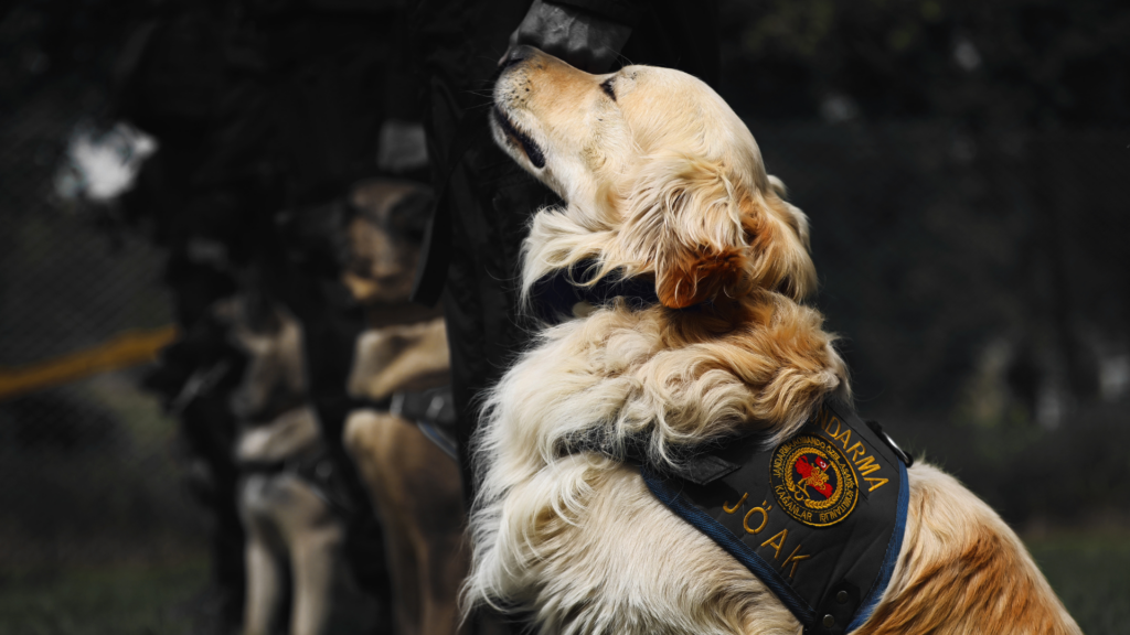 Police golden retriever sitting beside a handler in uniform
