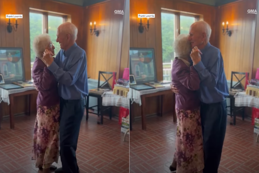 A split image shows an elderly couple dancing together in a cozy, wood-paneled room with soft lighting and large windows. The woman wears a floral skirt and purple top, and the man is dressed in a light blue shirt and dark pants; they hold each other closely, smiling and swaying with joy.