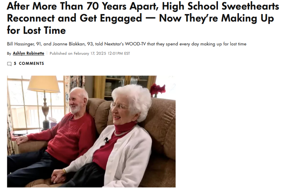 A screenshot of a heartwarming news article titled “After More Than 70 Years Apart, High School Sweethearts Reconnect and Get Engaged — Now They’re Making Up for Lost Time,” featuring a smiling elderly couple sitting close together on a couch. The man wears a red sweater, and the woman wears a white cardigan over a red top, both appearing joyful and in love.