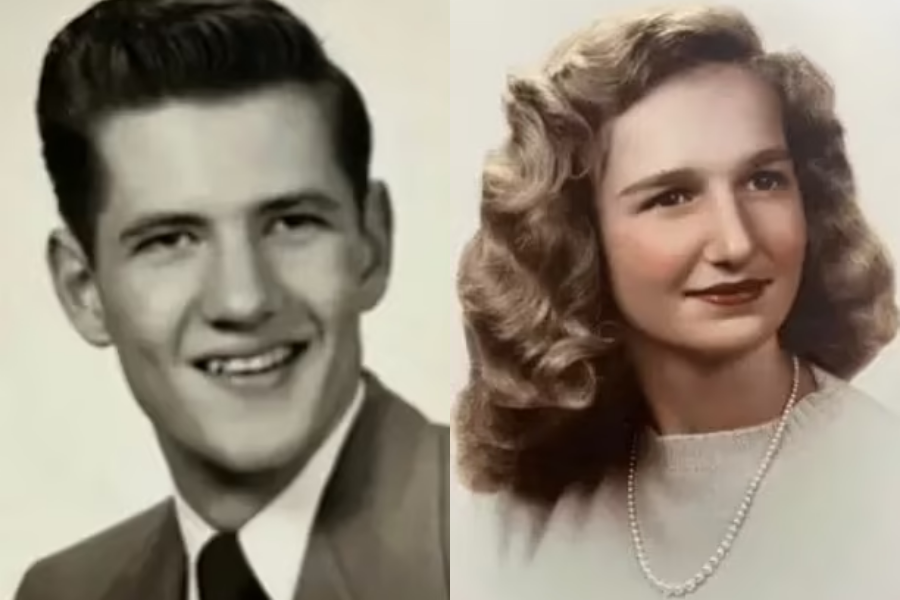 Side-by-side portraits of a young man and woman, both from vintage high school photos. The man is smiling in a suit and tie with neatly styled hair, while the woman wears a soft smile, with curled blonde hair and a pearl necklace, gazing slightly to the side.