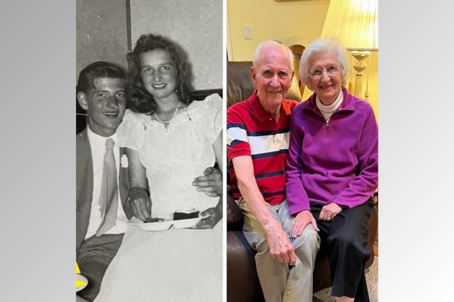 A side-by-side comparison of a couple through the years. On the left is a black-and-white vintage photo of the pair as teenagers, dressed up and smiling while seated together. On the right is a recent color photo of the same couple, now elderly, sitting closely on a chair, smiling warmly at the camera.