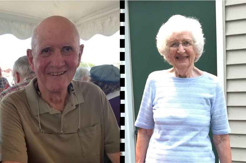 Side-by-side portraits of an elderly couple. On the left, an older man with a bald head smiles warmly while seated under a tent among a group of people. On the right, an older woman with short white hair and glasses stands in front of a green door, smiling and wearing a light blue striped shirt.