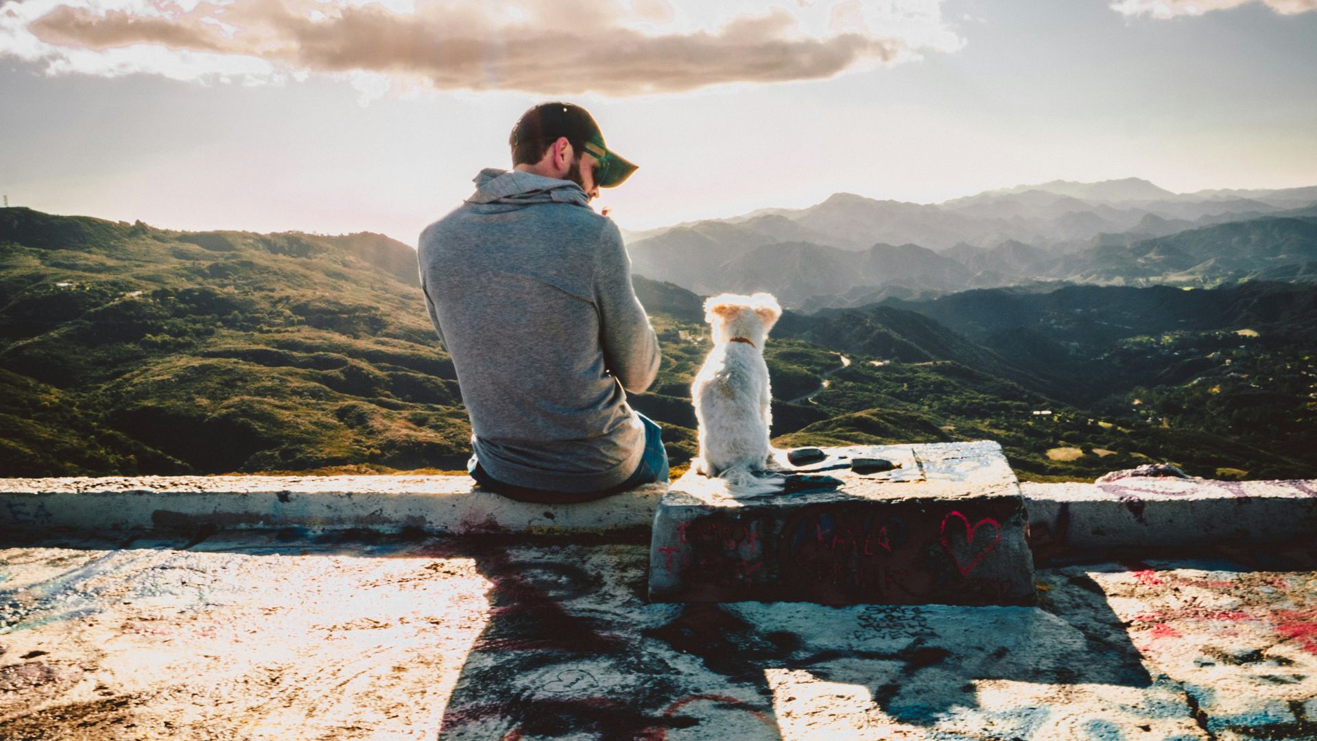 Man sitting on floor beside dog indoors