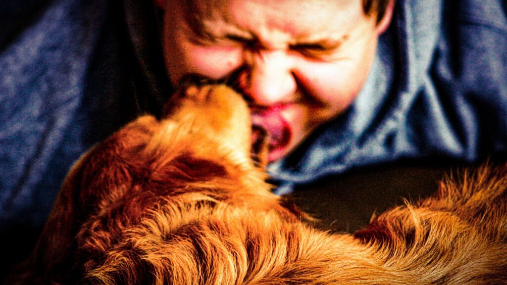 Man lying on bed kissing his dog