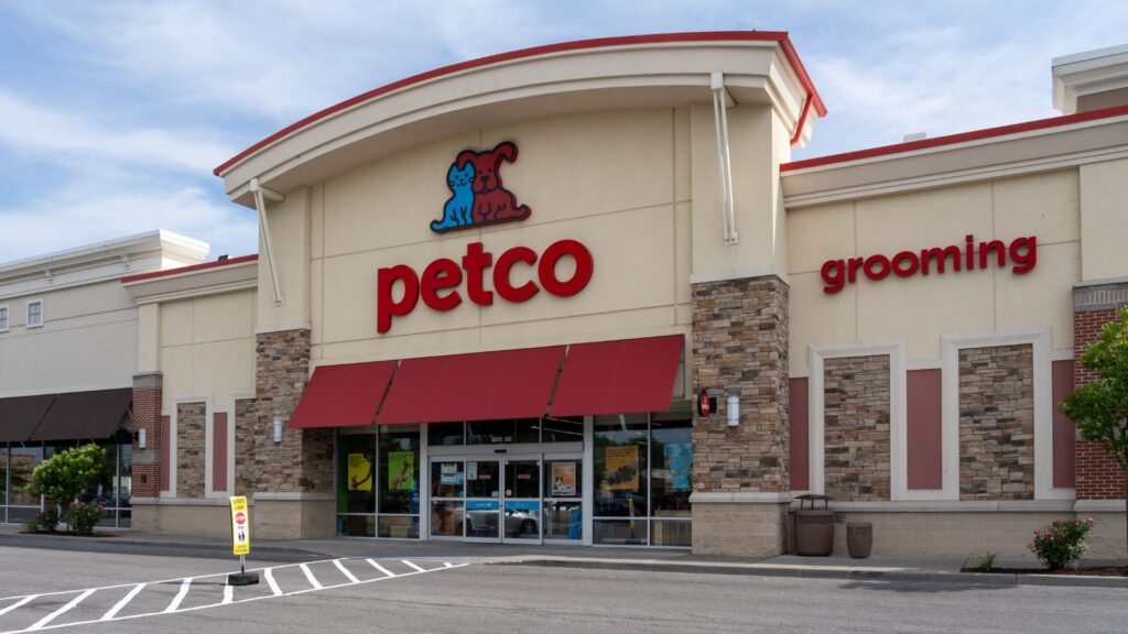 Front view of a Petco store in Oakville, Canada, showing entrance and signage