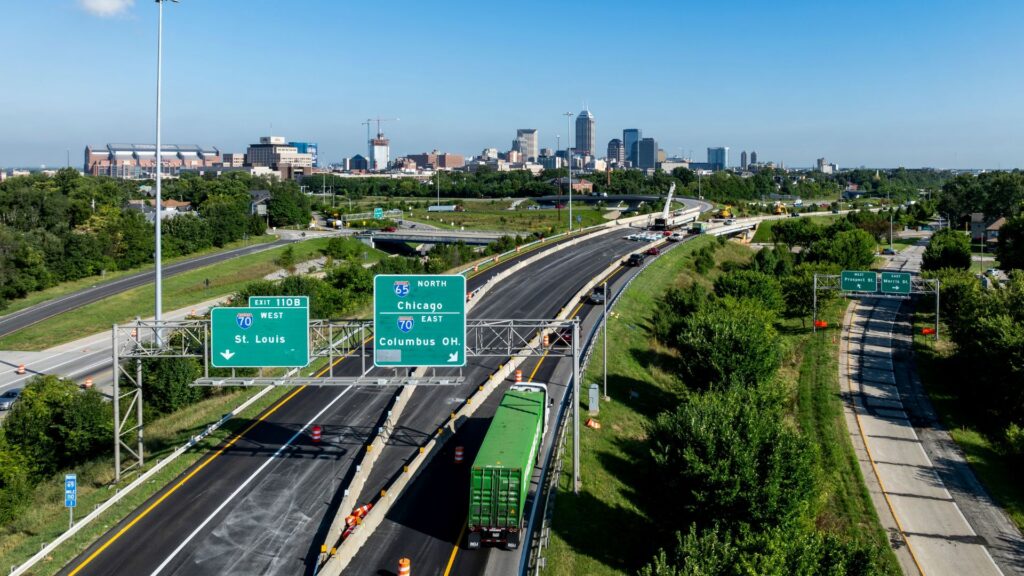 Aerial view of Interstate 65 during early morning traffic