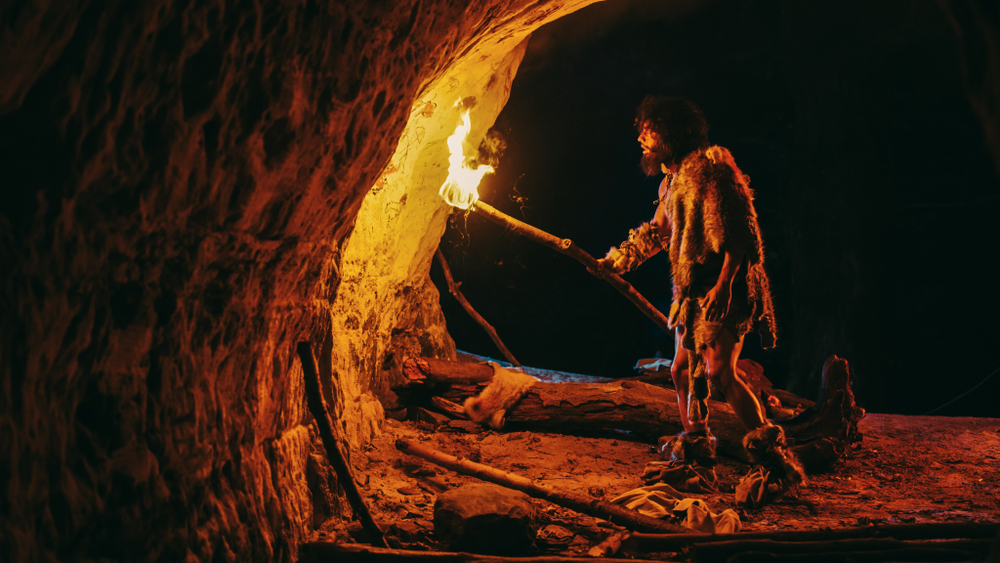 A man dressed in prehistoric clothing holding a torch inside a cave, illuminating the stone walls with firelight.