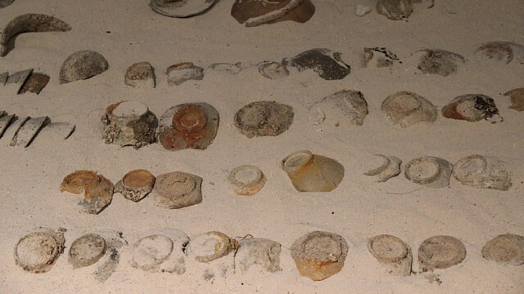 Many old broken pieces of pottery are arranged in rows on white sand.